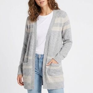 Belle by Belldini Cardigan Sweater Womens XL Gray White Striped Long Sleeve